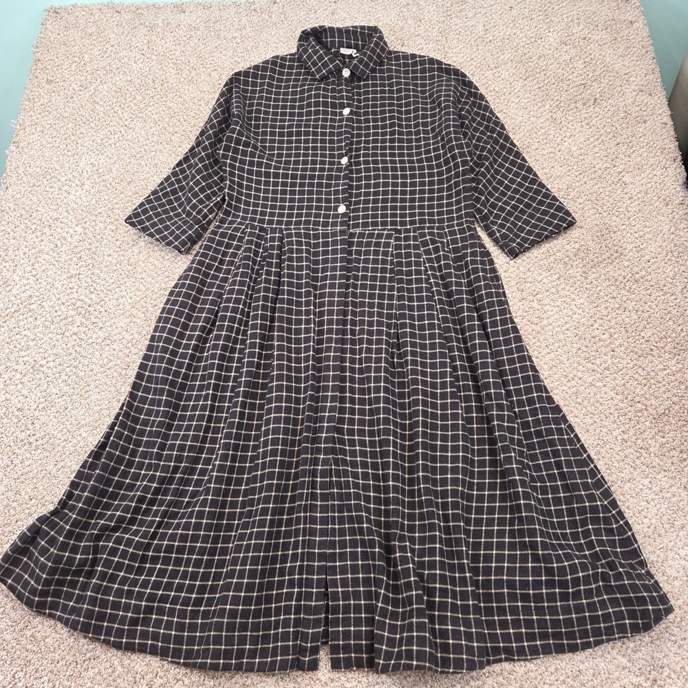 TOAST Women's XS Black Cream Plaid Gingham Cotton Cashmere Shirt Dress Midi